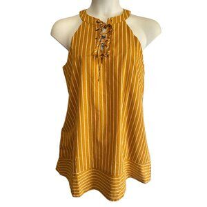 J.O.A Yellow Striped Halter Neck Criss Cross Tie Front Mini Dress Size L Cotton